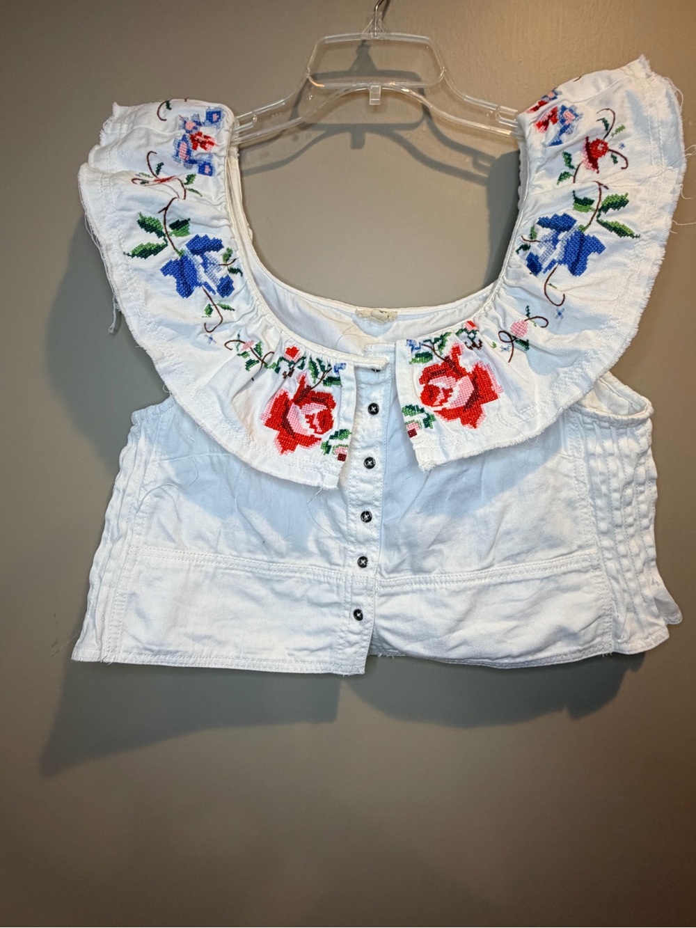 Pilcro White Embroidered Ruffle Camisole with Red and Blue Floral Accents